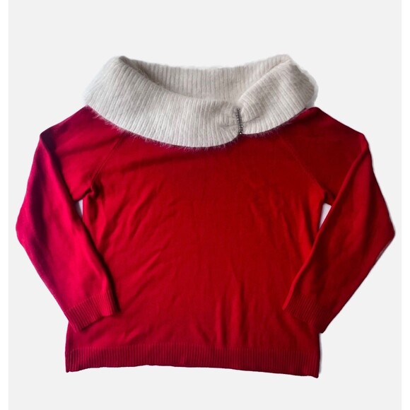 Berek Christmas Mrs. Claus Sweater Fur Cowl Neck Red Ivory Pullover Sequin XL - Picture 3 of 15